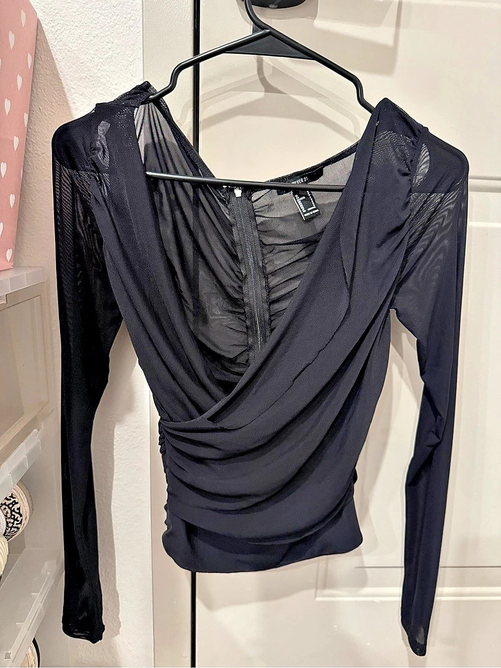 Black Draped Long Sleeve Top